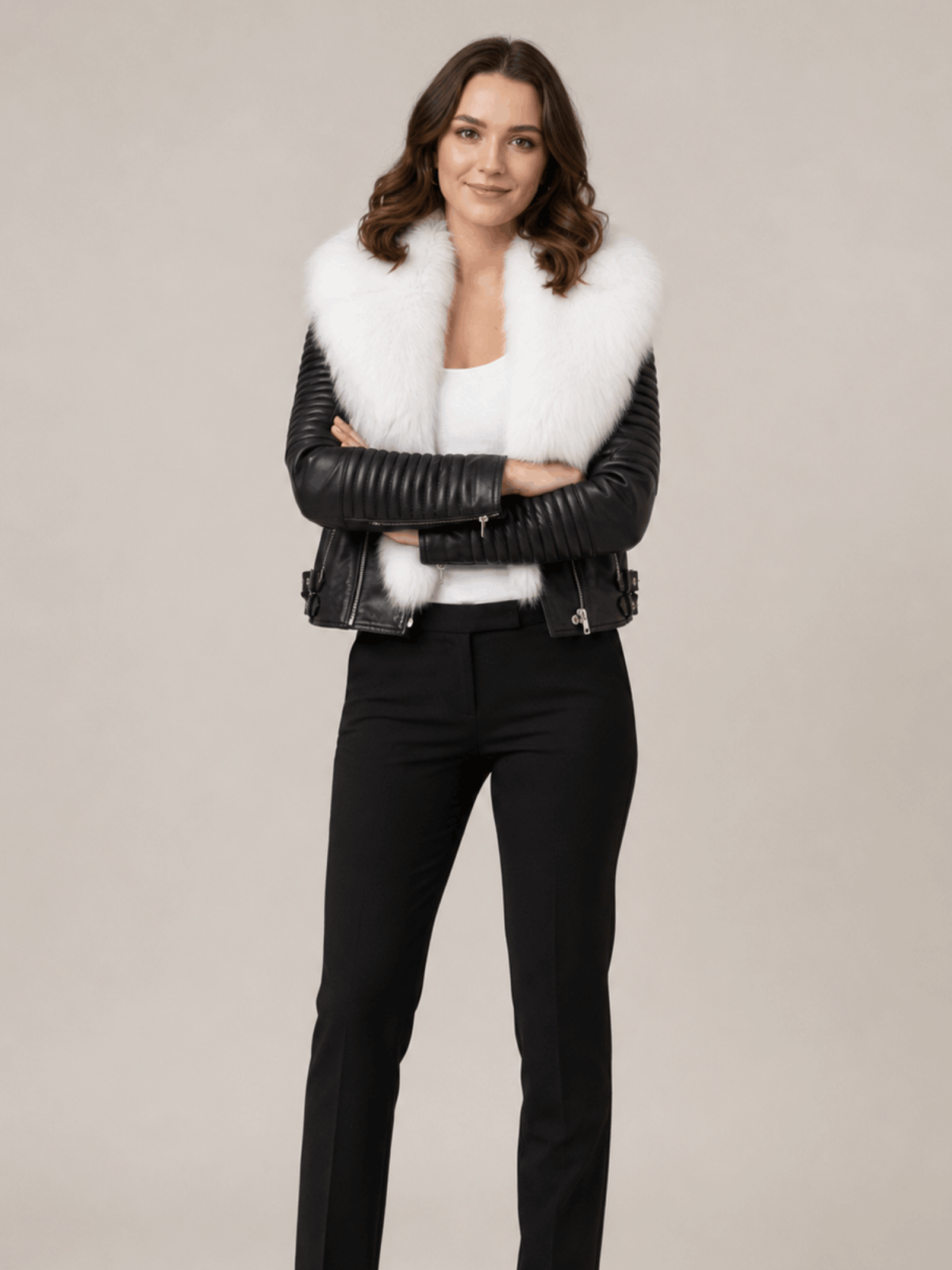 Women's Leather Black Biker Ribbles Jacket With White Fur