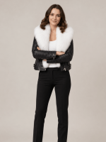 Women's Leather Black Biker Ribbles Jacket With White Fur