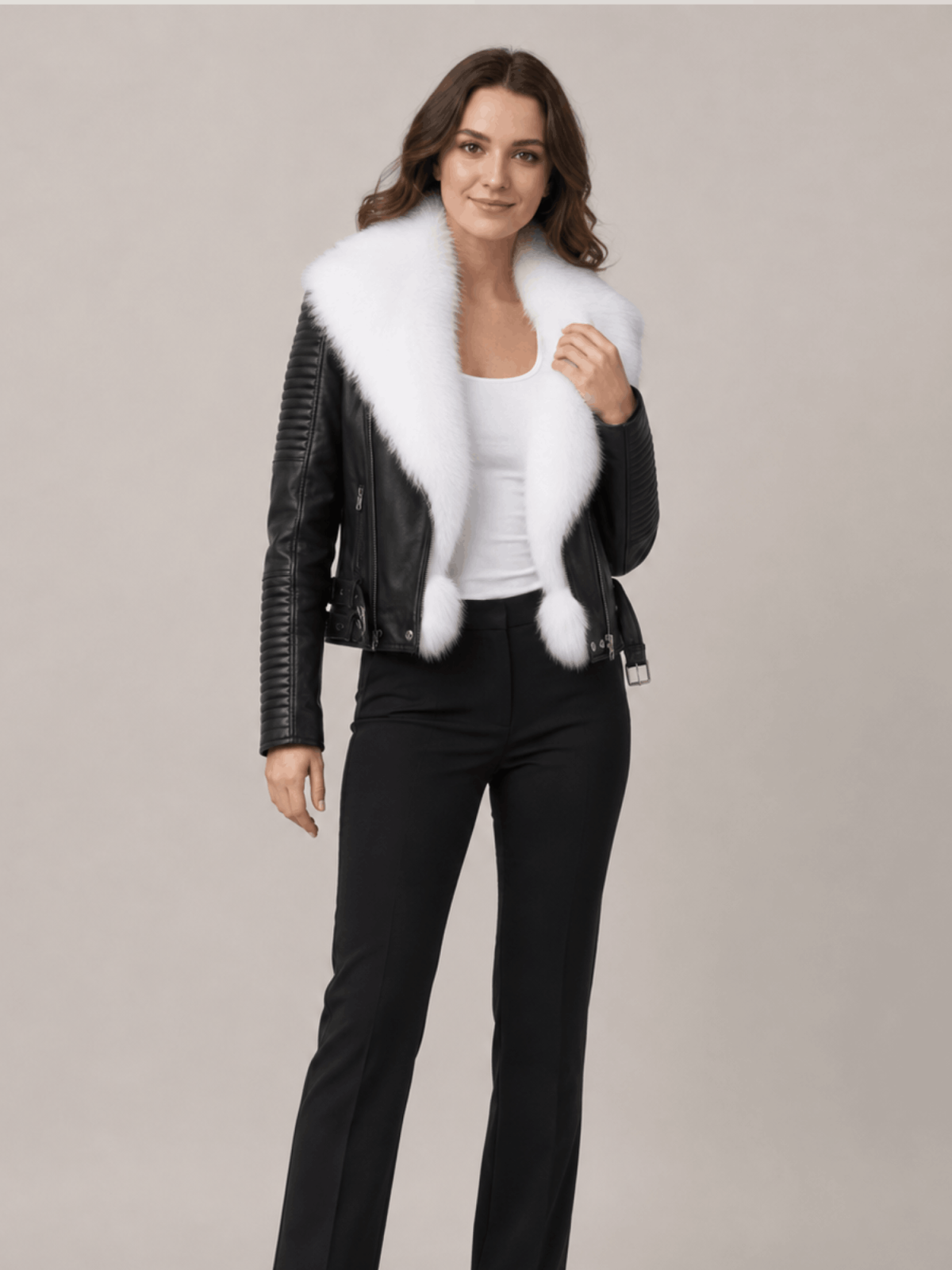 Women's Leather Black Biker Ribbles Jacket With White Fur