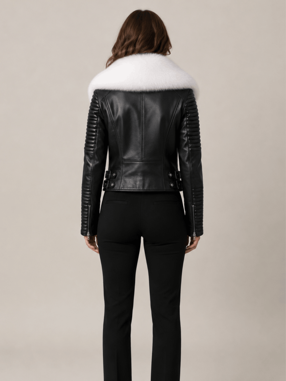Women's Leather Black Biker Ribbles Jacket With White Fur