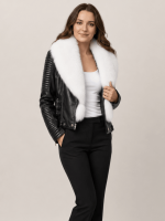 Women's Leather Black Biker Ribbles Jacket With White Fur