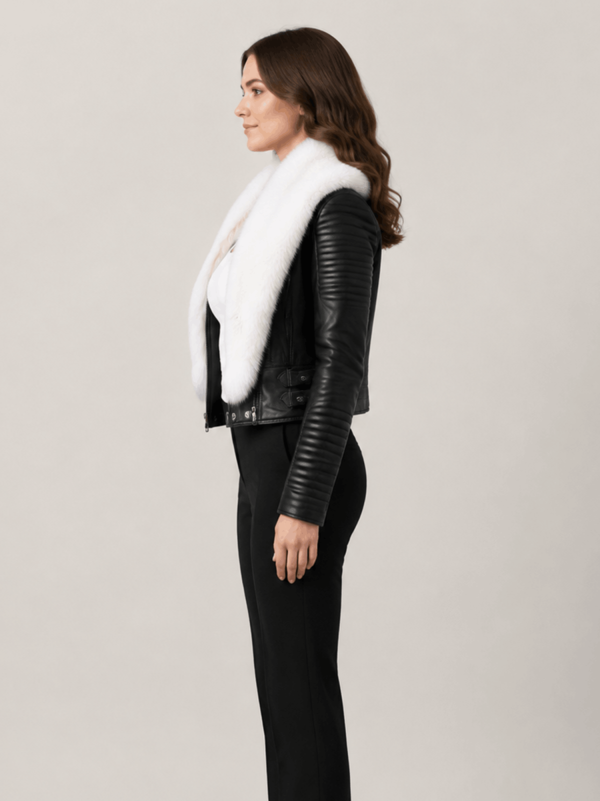 Women's Leather Black Biker Ribbles Jacket With White Fur
