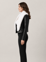 Women's Leather Black Biker Ribbles Jacket With White Fur