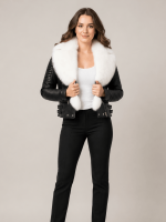 Women's Leather Black Biker Ribbles Jacket With White Fur