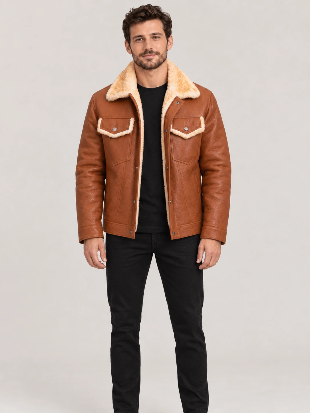 Men's Shearling Cognac Brown Cowhide leather Jacket