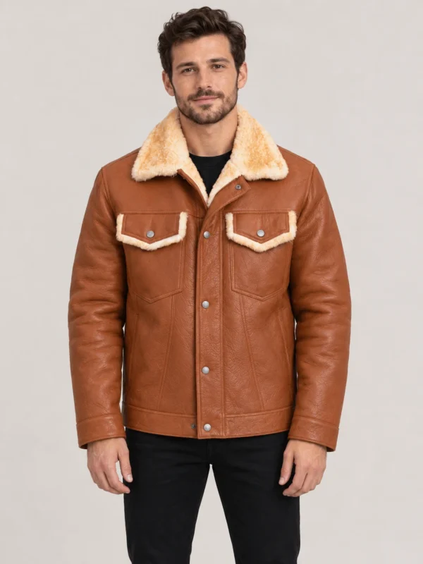 Men's Shearling Cognac Brown Cowhide leather Jacket