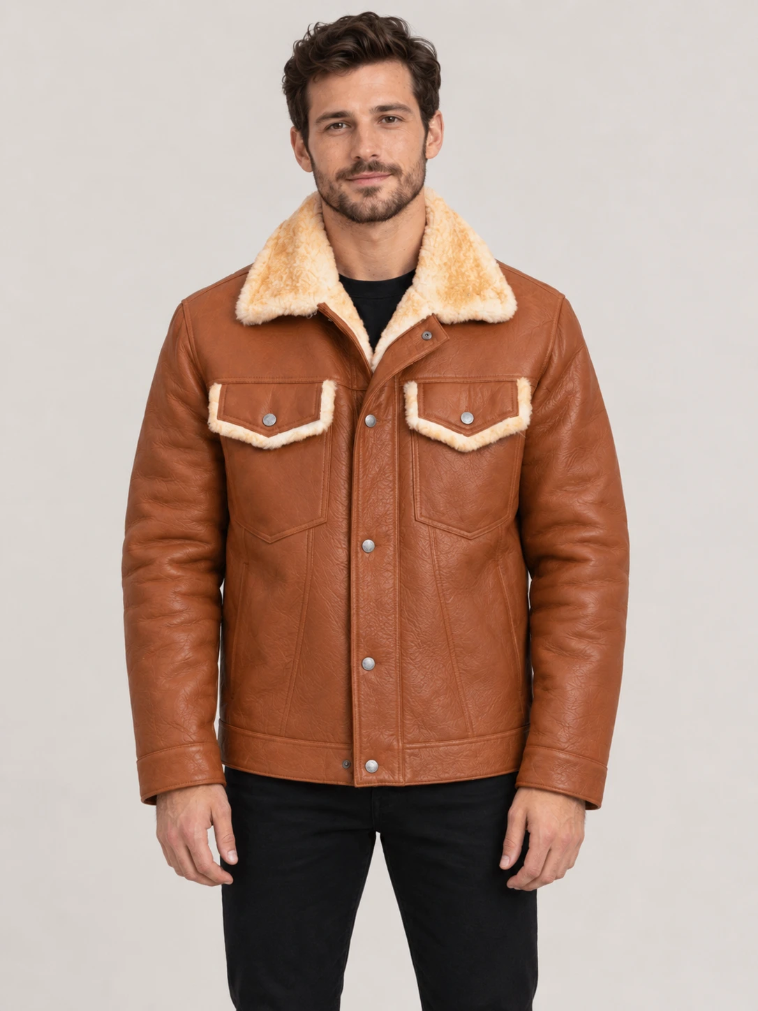 Men's Shearling Cognac Brown Cowhide leather Jacket