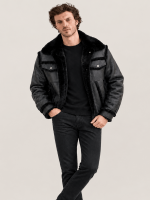 Men's Cowhide Shearling fur Out Leather Jacket in Black
