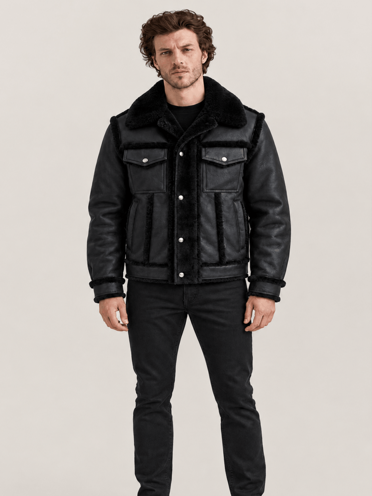 Men's Cowhide Shearling fur Out Leather Jacket in Black