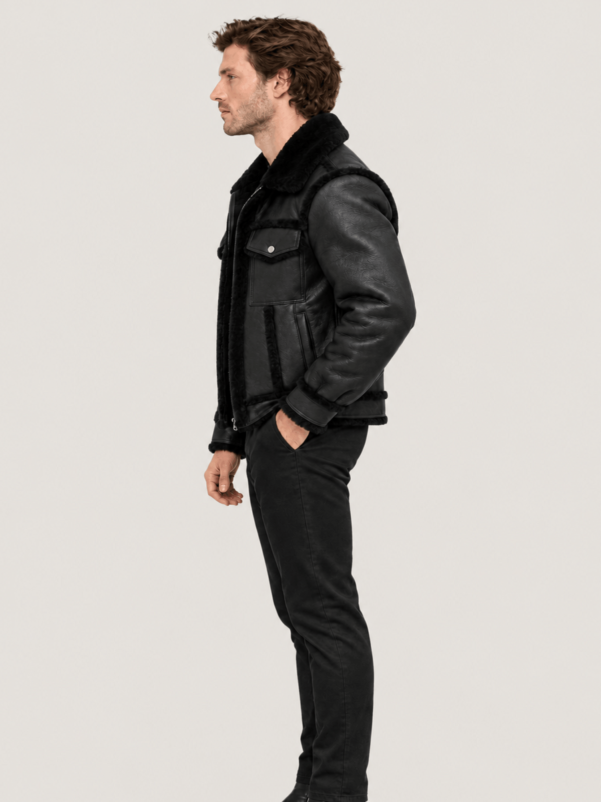 Men's Cowhide Shearling fur Out Leather Jacket in Black