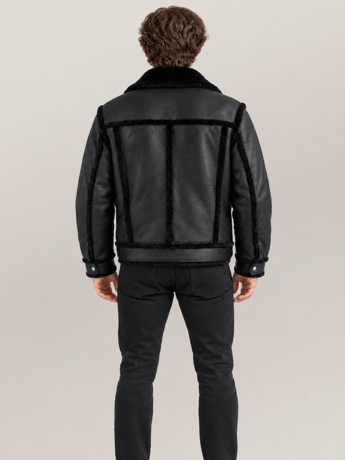 Men's Cowhide Shearling fur Out Leather Jacket in Black
