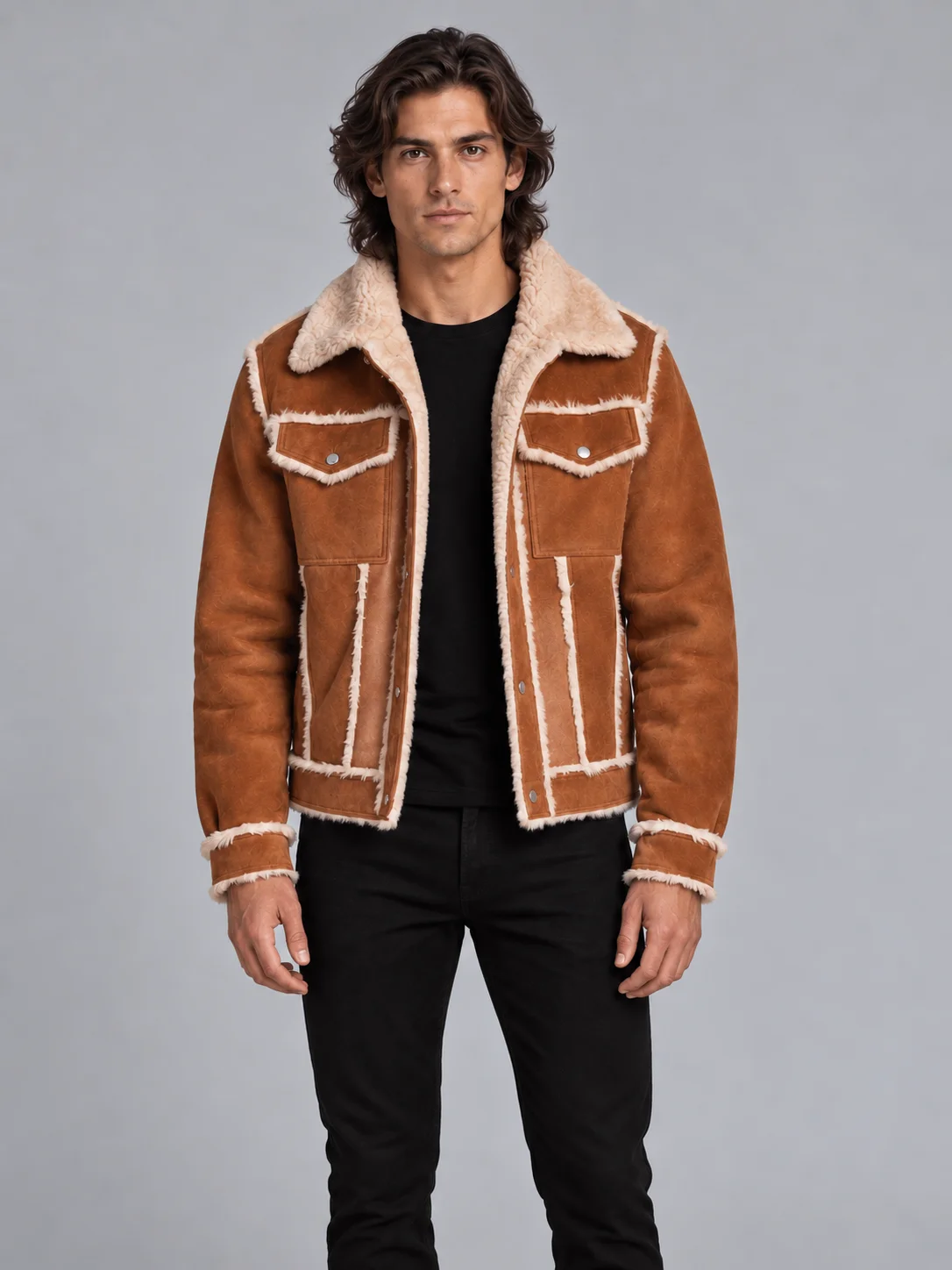 Men's Shearling Brown Style Fur Out leather Jacket