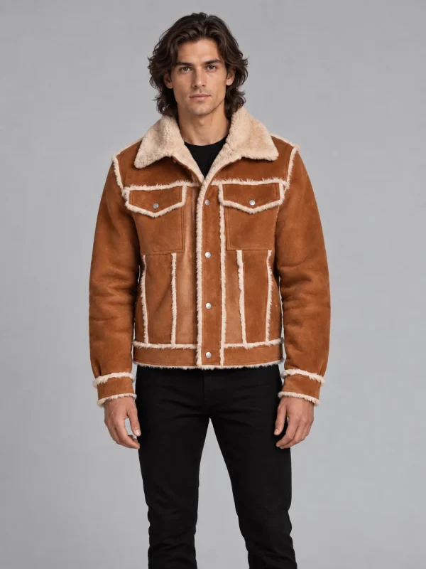 Men's Shearling Brown Style Fur Out leather Jacket