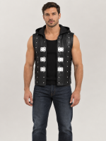 Men's Halloween Black Studded Hooded Leather Vest