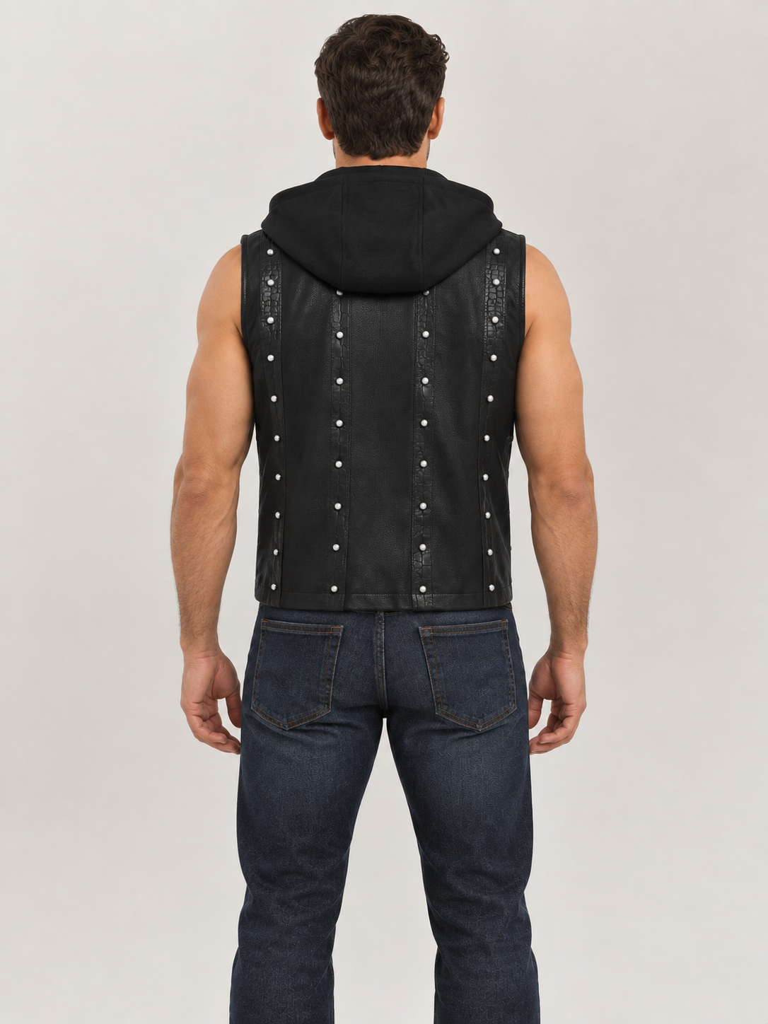 Men's Halloween Black Studded Hooded Leather Vest