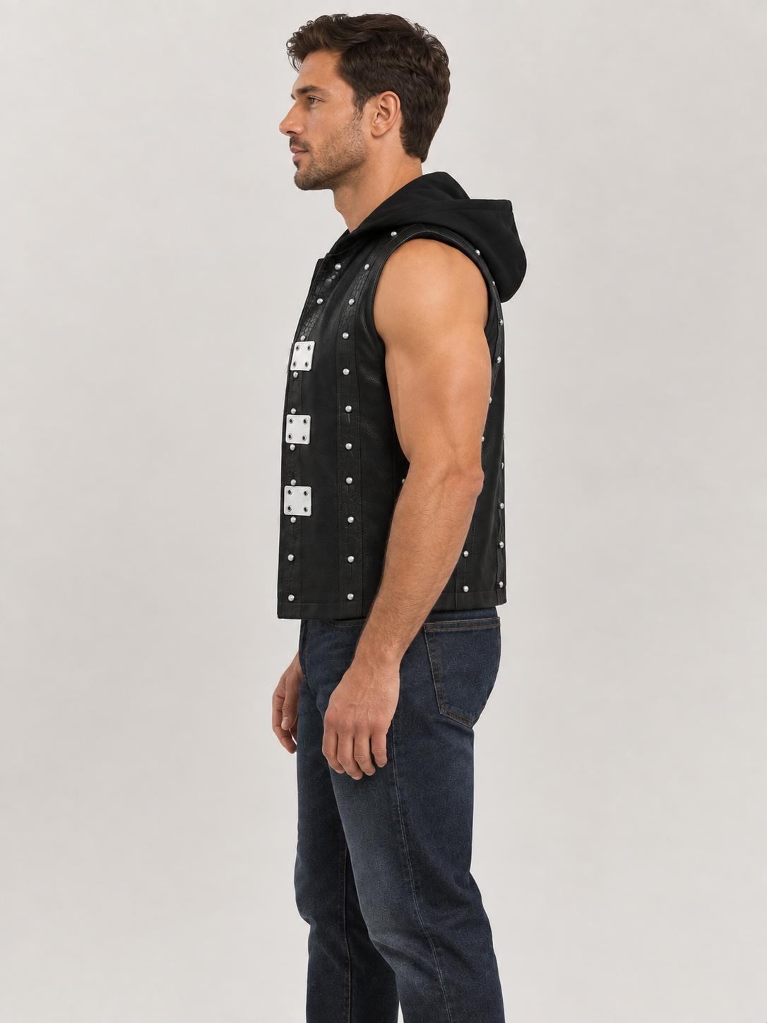 Men's Halloween Black Studded Hooded Leather Vest