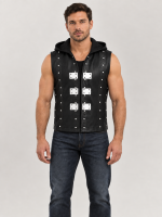 Men's Halloween Black Studded Hooded Leather Vest