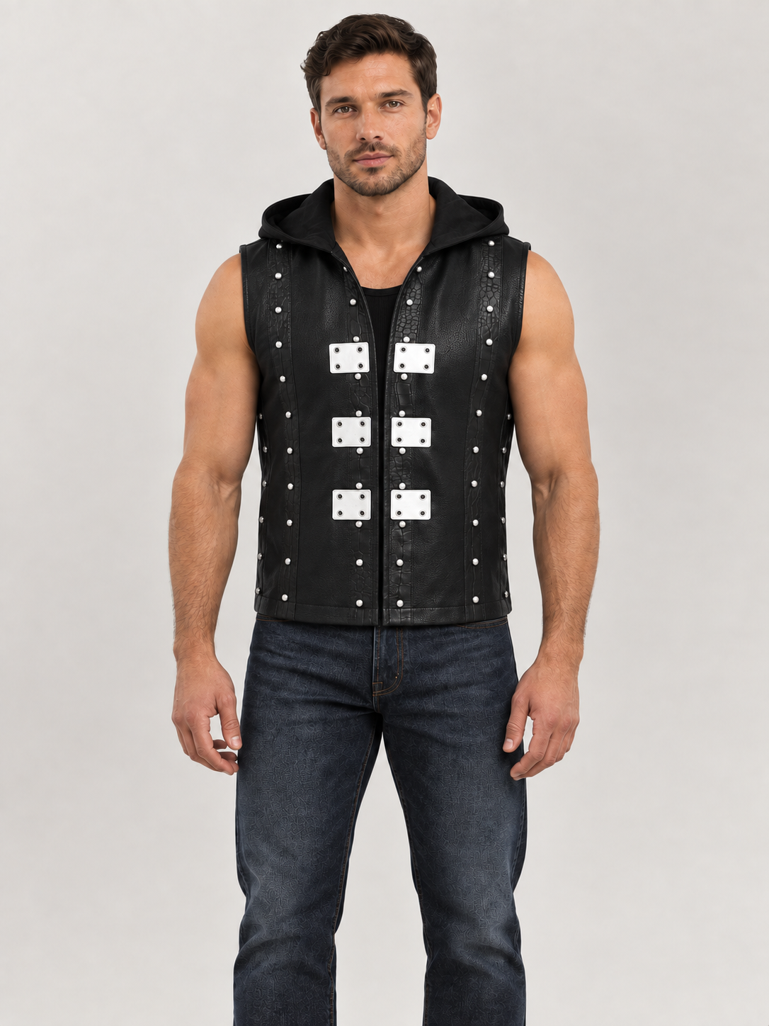Men's Halloween Black Studded Hooded Leather Vest