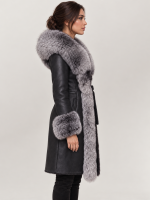 Women's Black Shearling Long Leather Coat With Hood