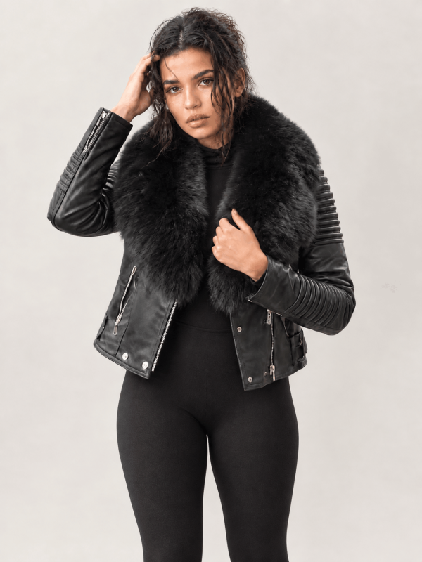Women's Black Leather Biker Jacket With Fur Trim