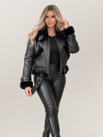 Women's Black Shearling Double Collar Leather Biker Jacket