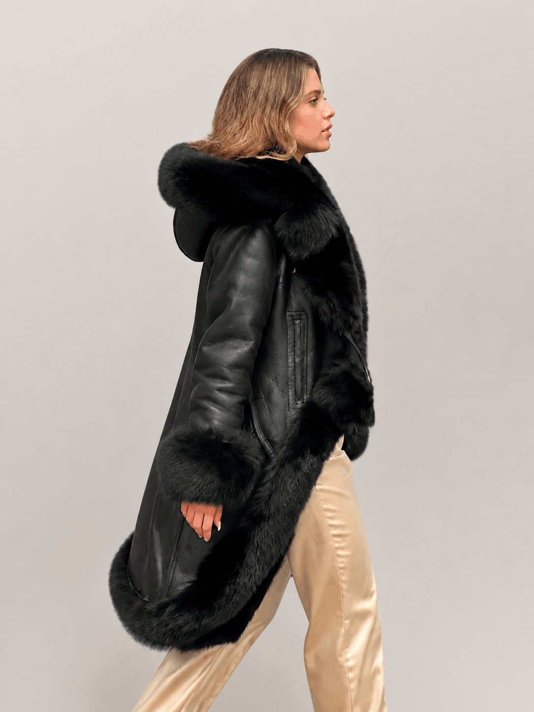 Women's Black Shearling Long Length Leather Coat