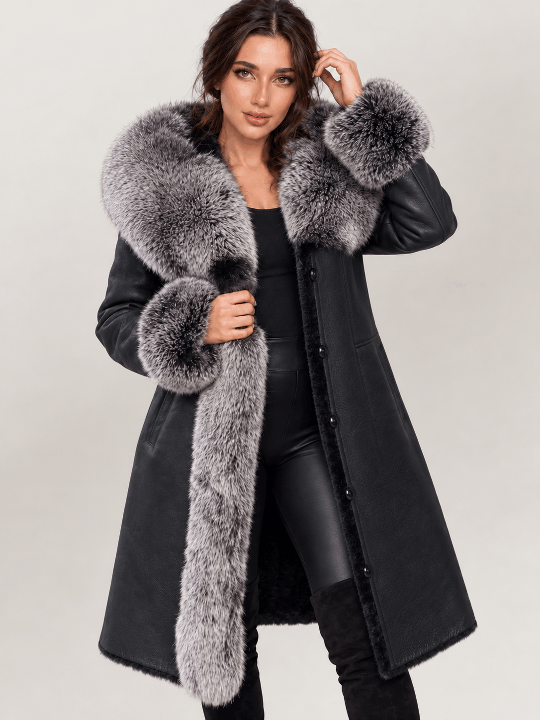 Women's Black Shearling Long Leather Coat With Hood