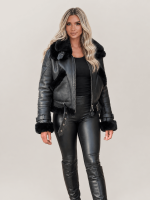 Women's Black Shearling Double Collar Leather Biker Jacket
