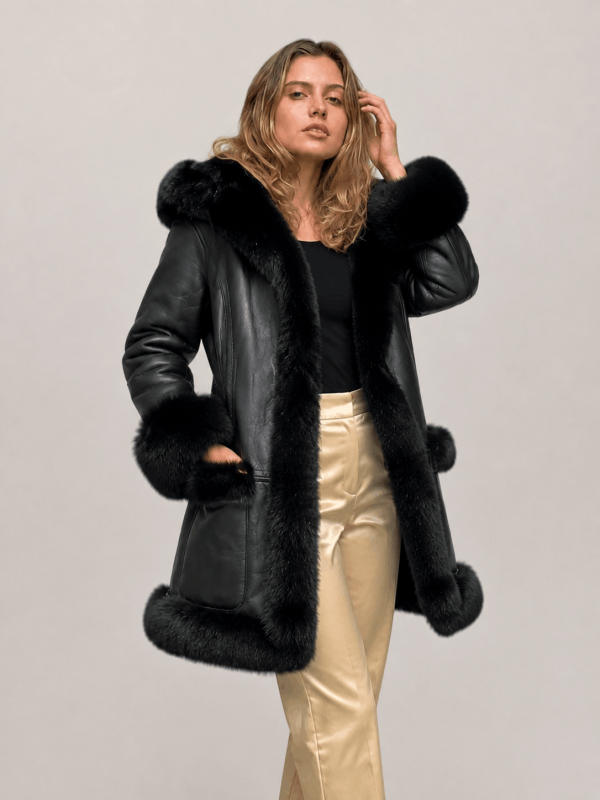 Women's Black Shearling Long Length Leather Coat