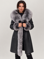 Women's Black Shearling Long Leather Coat With Hood