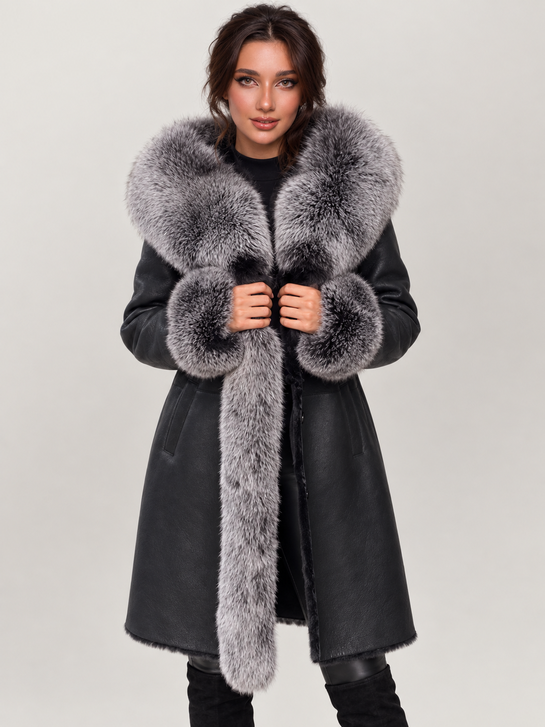 Women's Black Shearling Long Leather Coat With Hood