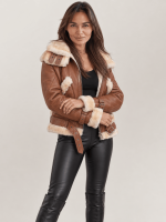 Women's Brown Shearling Cognac Aviator Leather Jacket