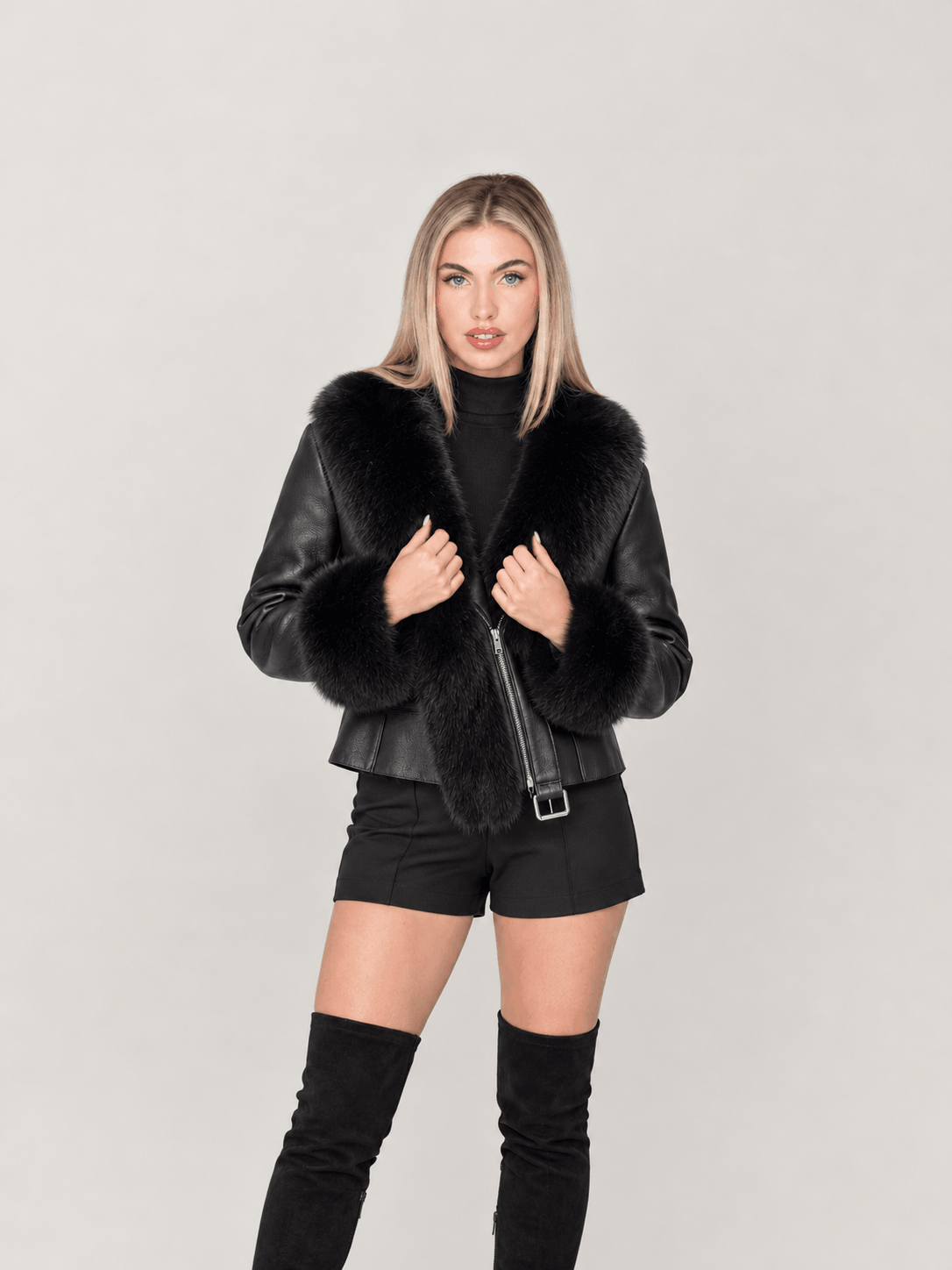 Women's Black Shearling Leather Biker Jacket