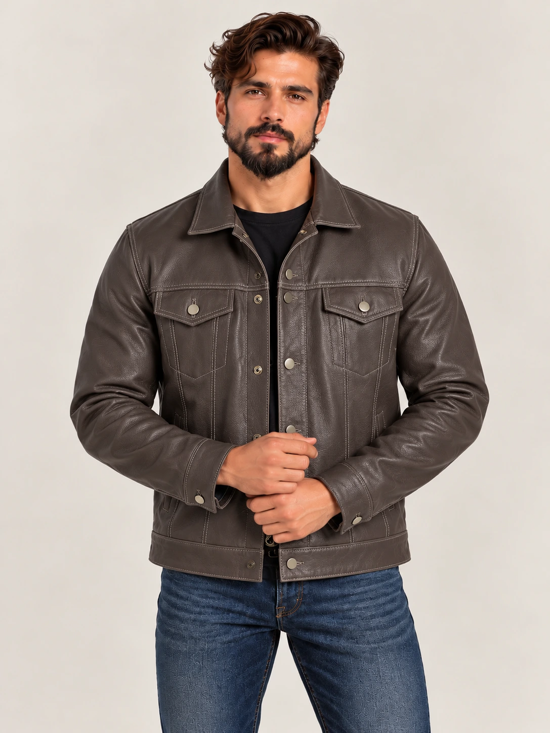Men's Brown Vintage Trucker Cowhide Leather Jacket