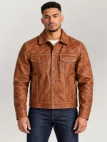 Men's Vintage Rust Bison Leather Trucker Jacket