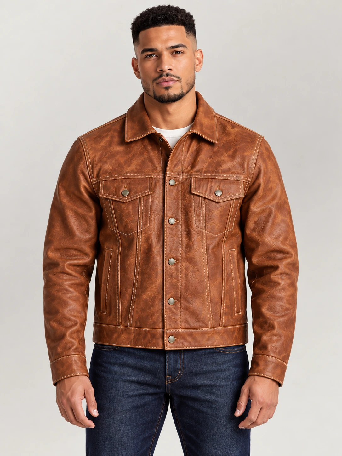 Men's Vintage Rust Bison Leather Trucker Jacket