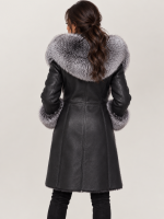 Women's Black Shearling Long Leather Coat With Hood
