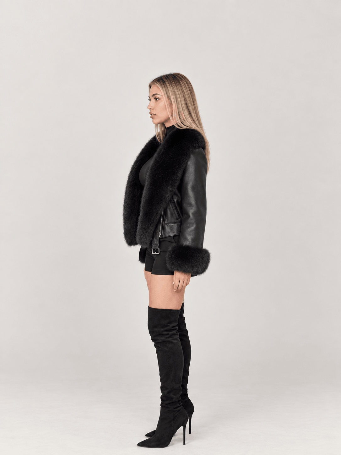 Women's Black Shearling Leather Biker Jacket