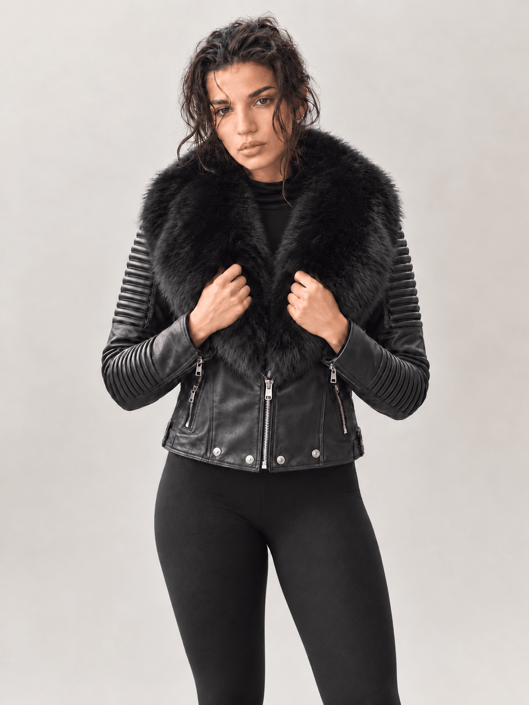 Women's Black Leather Biker Jacket With Fur Trim