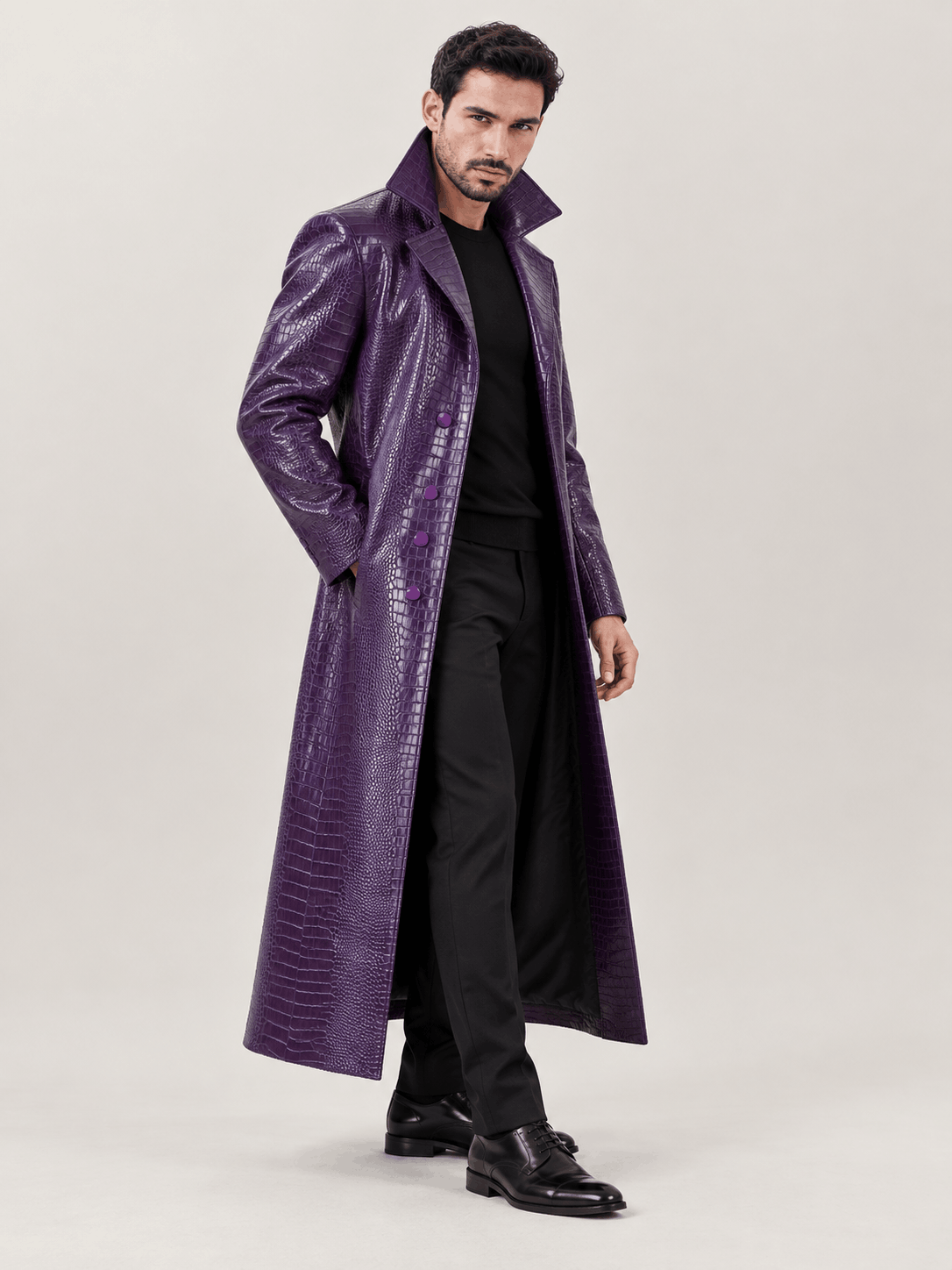 Men's Joker Purple Faux Leather Trench Coat