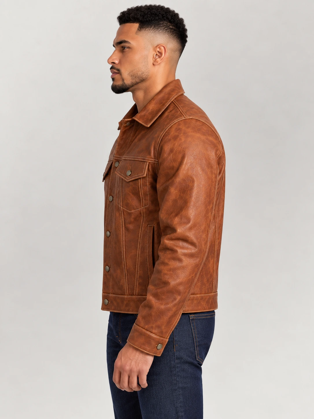 Men's Vintage Rust Bison Leather Trucker Jacket