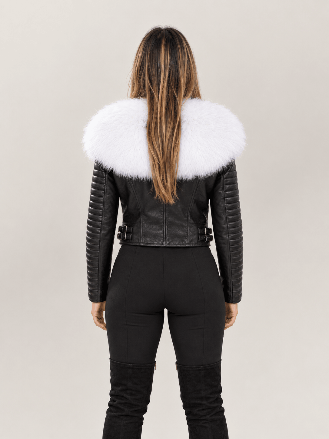 Women's Black Leather Biker Jacket With Fur Collar