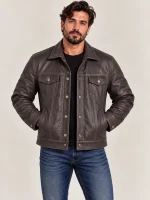 Men's Brown Vintage Trucker Cowhide Leather Jacket