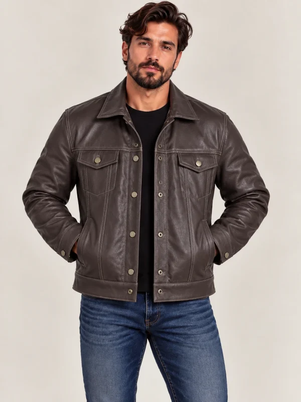 Men's Brown Vintage Trucker Cowhide Leather Jacket