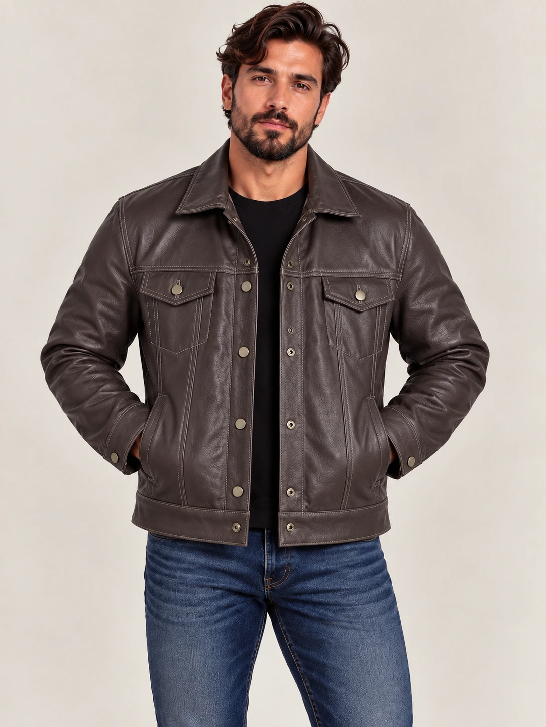 Men's Brown Vintage Trucker Cowhide Leather Jacket