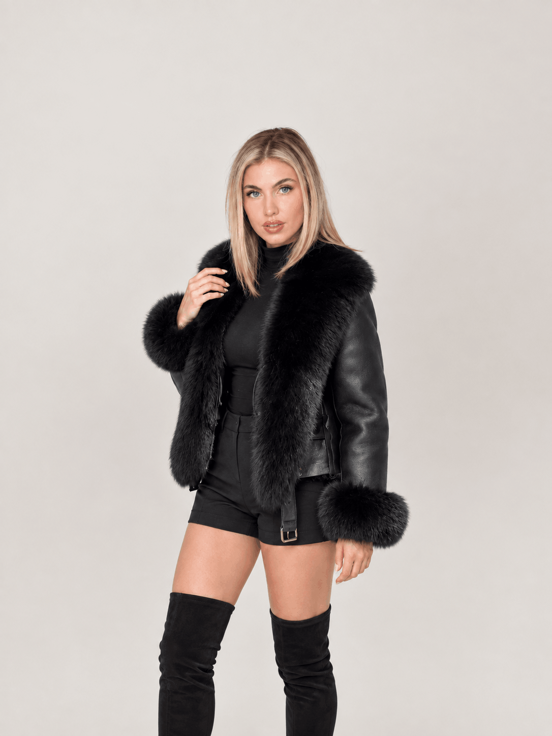 Women's Black Shearling Leather Biker Jacket