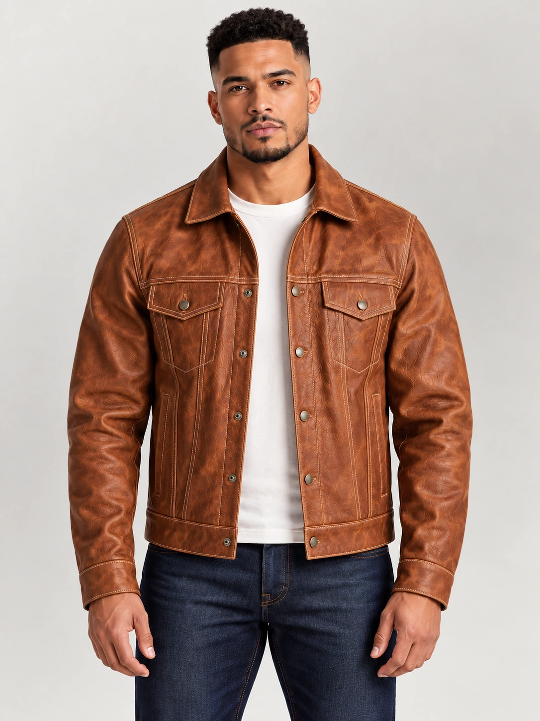 Men's Vintage Rust Bison Leather Trucker Jacket