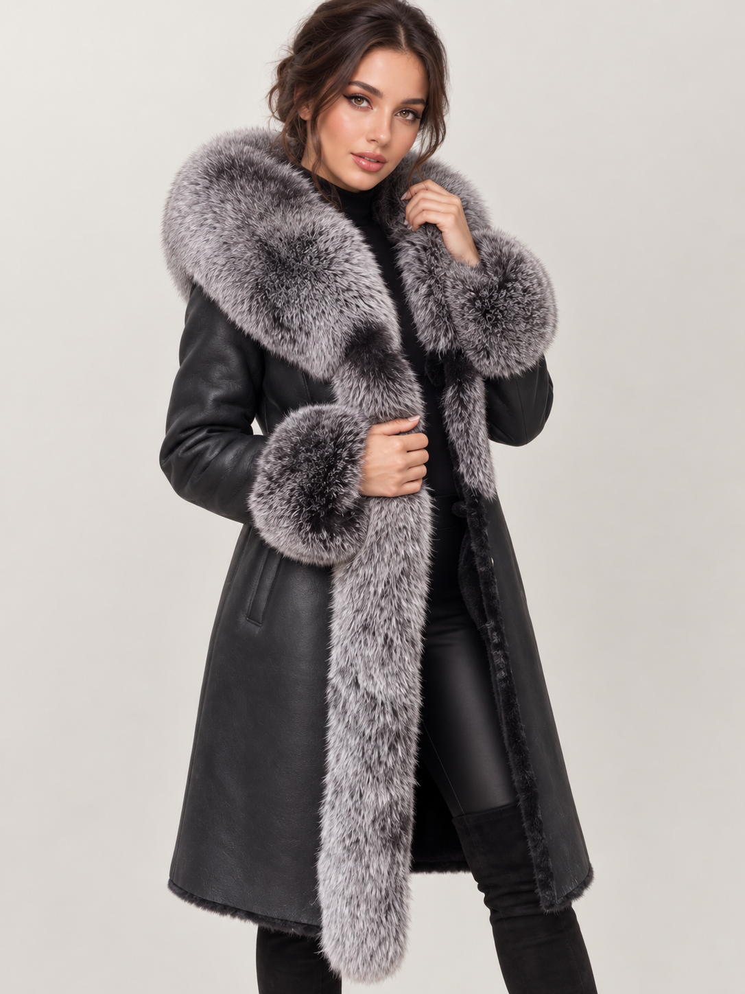 Women's Black Shearling Long Leather Coat With Hood