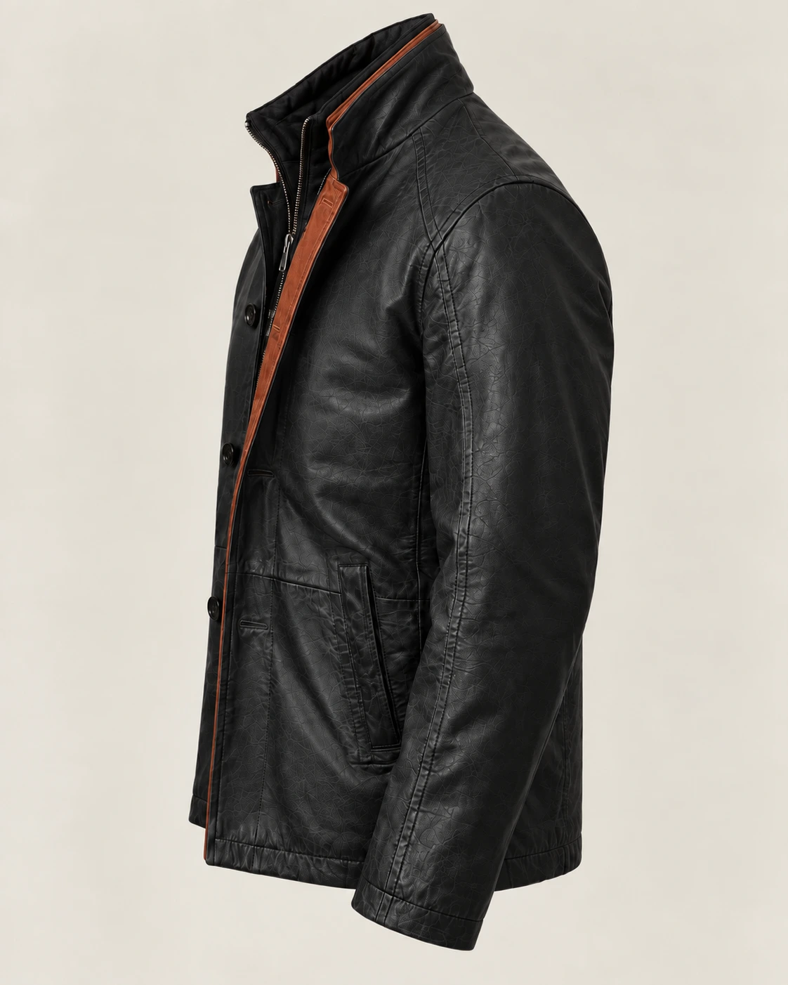 Men's Black Washed Car Coat with Contrast Placket