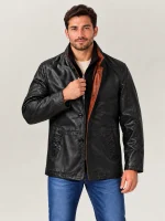 Men's Black Washed Car Coat with Contrast Placket